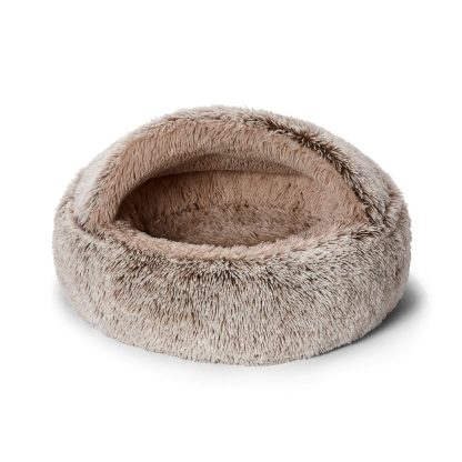 Hooded Cave Dog Bed, Faux Fur, Machine Washable, Grey