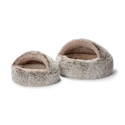Hooded Cave Dog Bed, Faux Fur, Machine Washable, Grey
