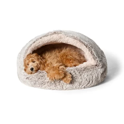 Hooded Cave Dog Bed, Faux Fur, Machine Washable, Grey