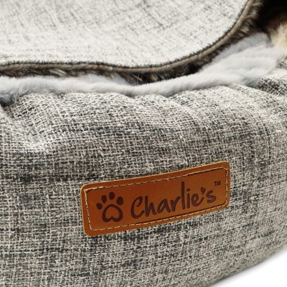 Charlie’s Snookie Hooded Pet Bed – Faux Wolf Fur & Linen – Light Grey – Small, Medium or Large Sizes – Mindiampets.com.au