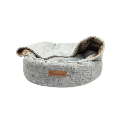 Charlie’s Snookie Hooded Pet Bed – Faux Wolf Fur & Linen – Light Grey – Small, Medium or Large Sizes – Mindiampets.com.au