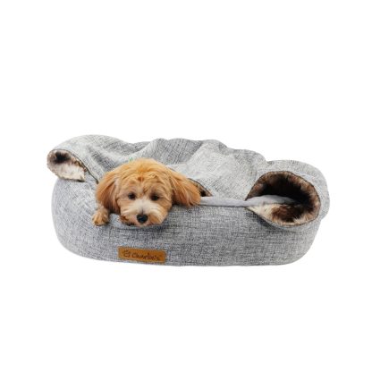 Charlie’s Snookie Hooded Pet Bed – Faux Wolf Fur & Linen – Light Grey – Small, Medium or Large Sizes – Mindiampets.com.au