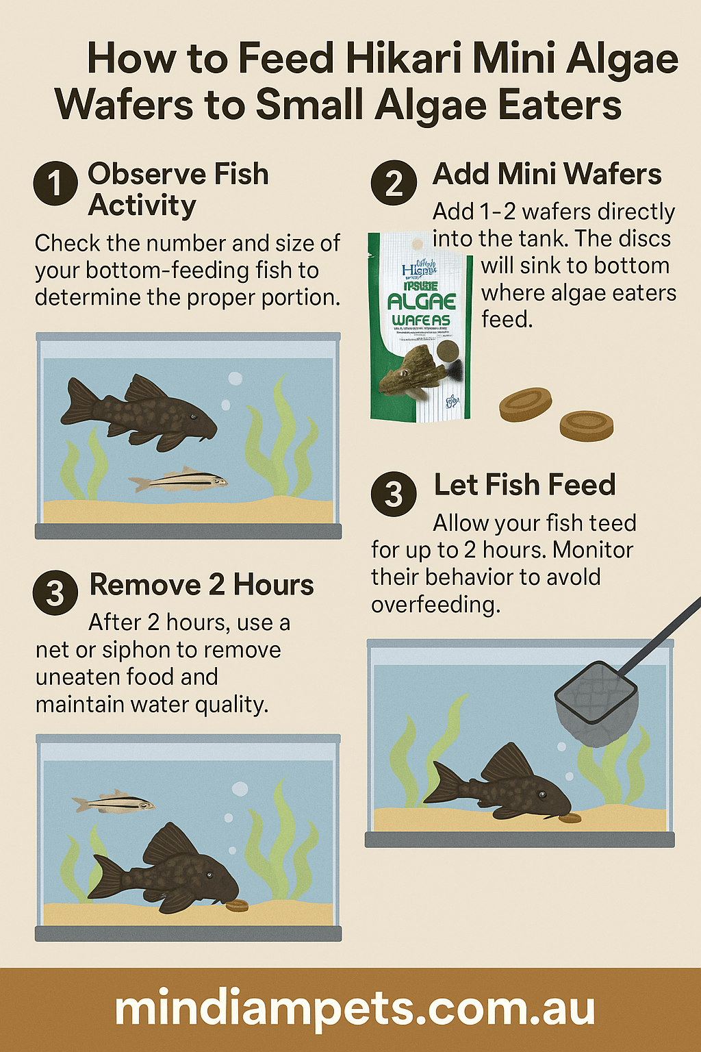 Infographic showing how to feed Hikari Mini Algae Wafers to Plecostomus, Otocinclus, and Bristlenose catfish in a freshwater aquarium. - Mindiampets | Pet Shop Online How to Feed Hikari Mini Algae Wafers to Small Algae Eaters – Step-by-Step Guide