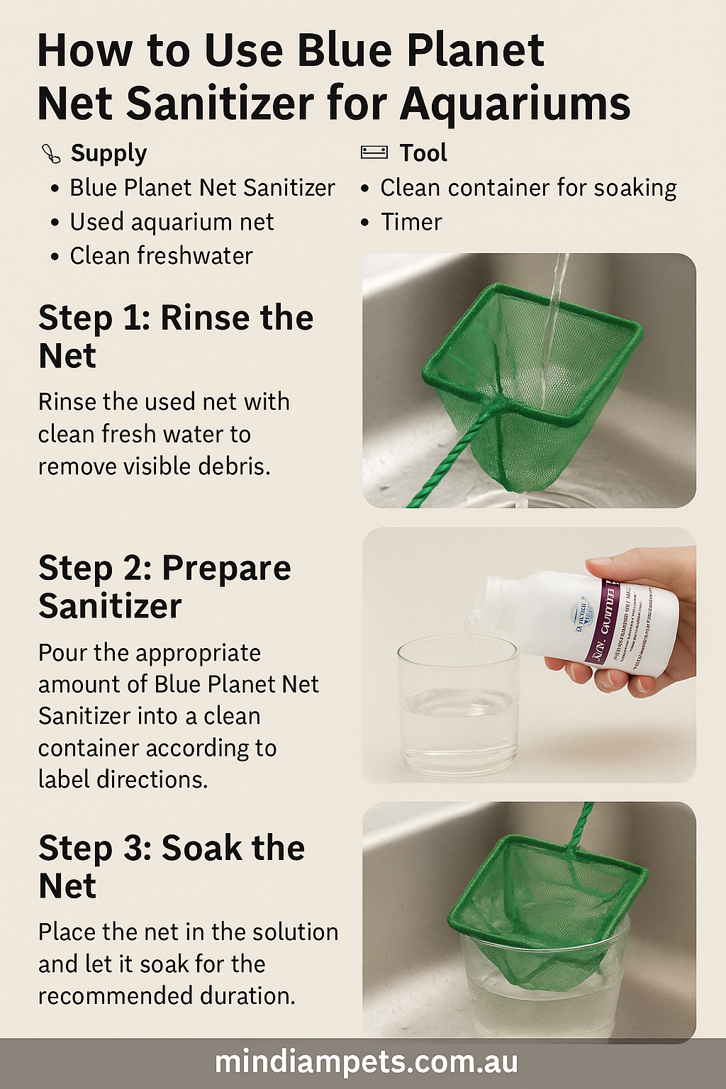 Aquarium Net Disinfection Guide – Blue Planet Net Sanitizer - Mindiampets | Pet Shop Online How to Use Blue Planet Net Sanitizer – Step-by-Step Infographic | mindiampets.com.au