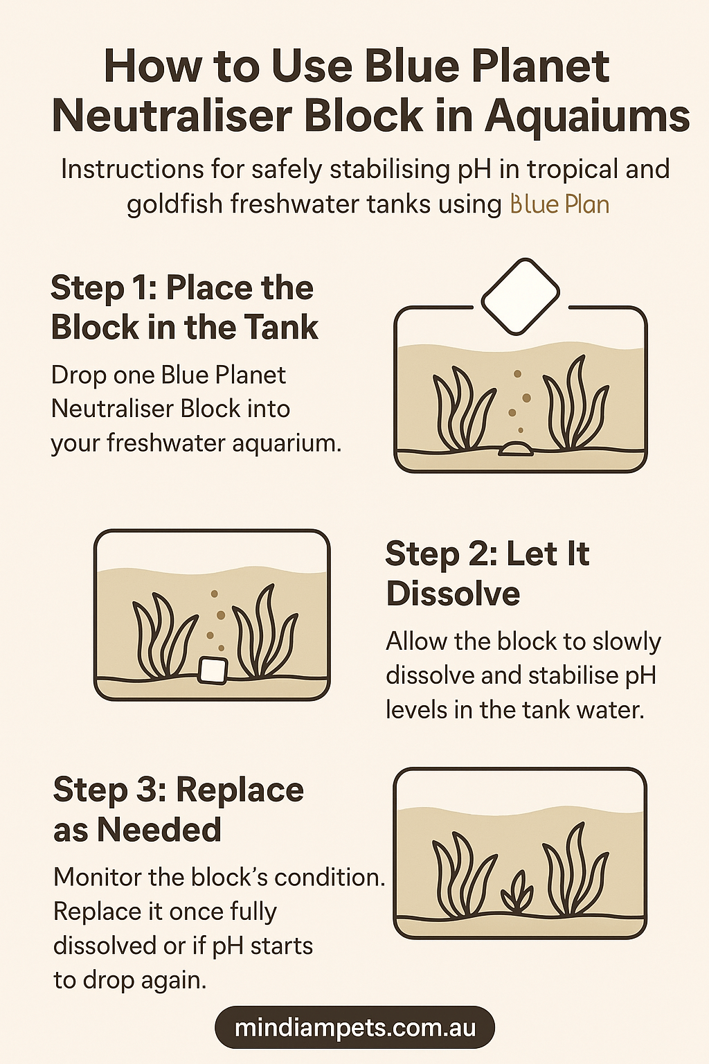 Aquarium pH Control – Blue Planet Neutraliser Block Instructions - Mindiampets | Pet Shop Online How to Use Blue Planet Neutraliser Block – Step-by-Step Infographic for pH Control | mindiampets.com.au