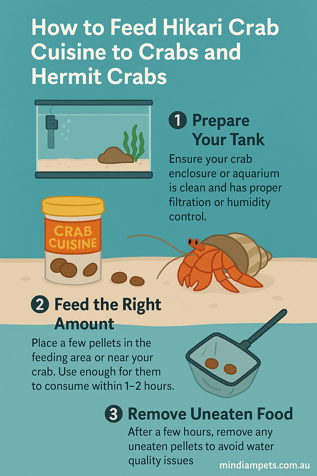 How to Feed Hikari Crab Cuisine – Step-by-Step Infographic - Mindiampets | Pet Shop Online How to feed Hikari Crab Cuisine pellets to hermit crabs and aquatic crustaceans – step-by-step infographic