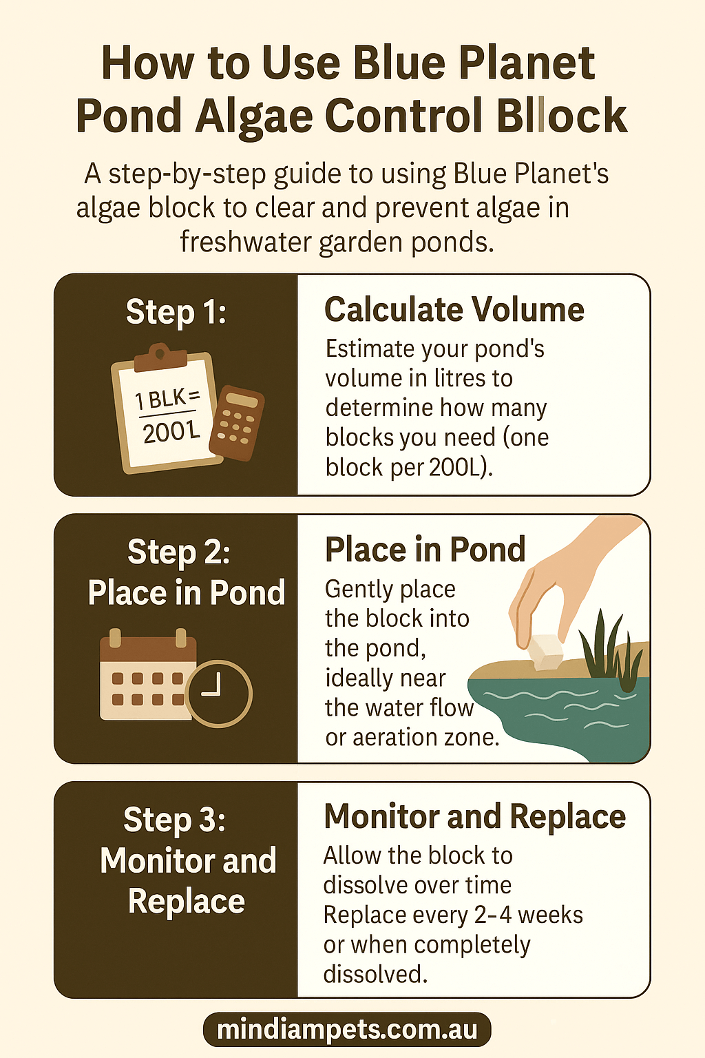 How to Use Blue Planet Pond Algae Control Block – Step-by-Step Guide - Mindiampets | Pet Shop Online Infographic showing how to use Blue Planet Pond Algae Control Block to treat and prevent algae in freshwater garden ponds.