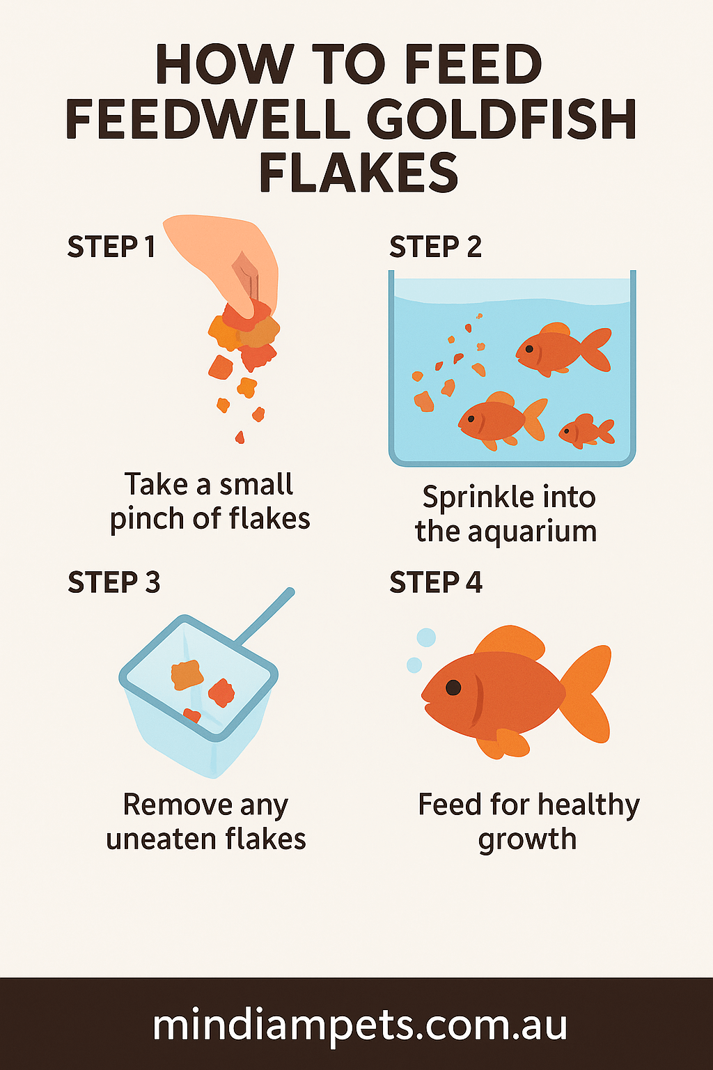 How to Feed Feedwell Goldfish Flakes – Step-by-Step Guide - Mindiampets | Pet Shop Online Infographic showing step-by-step instructions for feeding Feedwell Goldfish Flakes to goldfish in aquariums and ponds.
