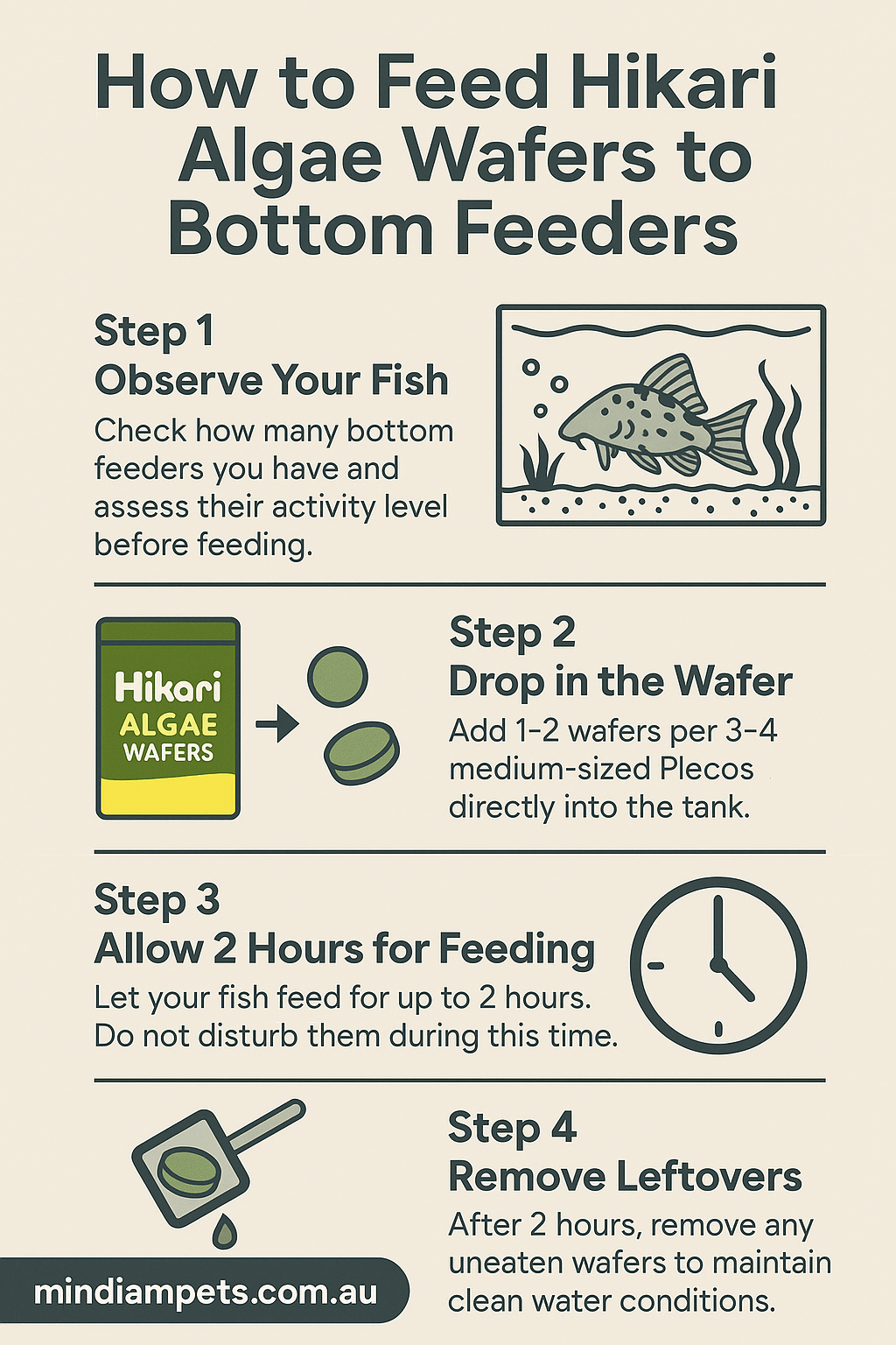 How to Feed Hikari Algae Wafers to Bottom Feeders – Step-by-Step Guide - Mindiampets | Pet Shop Online Infographic showing step-by-step instructions for feeding Hikari Algae Wafers to Plecostomus and bottom-feeding fish in an aquarium.
