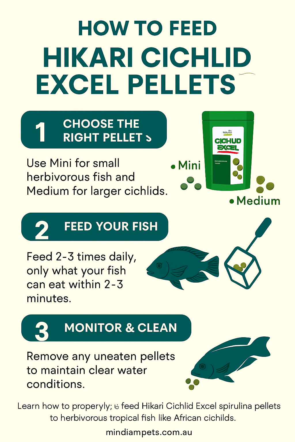 How to Feed Hikari Cichlid Excel Pellets - Mindiampets | Pet Shop Online Instructional infographic showing how to feed Hikari Cichlid Excel pellets to herbivorous cichlids.