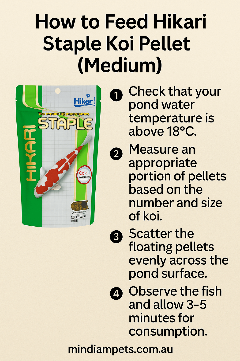 How to Feed Hikari Staple Koi Pellet Medium – Mindiampets.com.au - Mindiampets | Pet Shop Online Step-by-step guide on how to feed Hikari Staple Koi Pellet Medium to outdoor pond koi for optimal growth and health