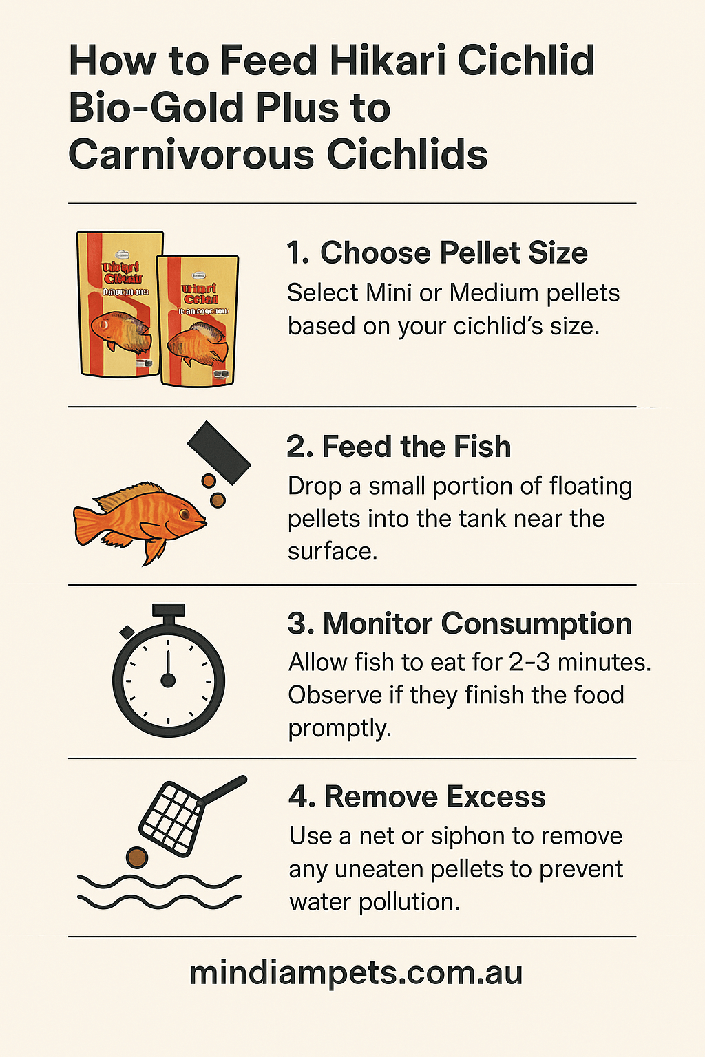 How to Feed Hikari Cichlid Bio-Gold Plus to Carnivorous Cichlids – Step-by-Step Infographic - Mindiampets | Pet Shop Online  Step-by-step guide showing how to feed Hikari Cichlid Bio-Gold Plus pellets to carnivorous cichlid fish in an aquarium.