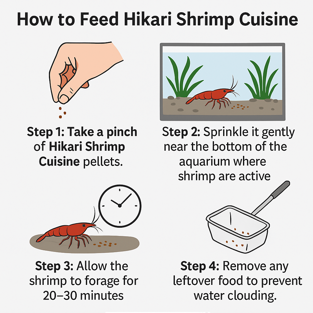 How to Feed Hikari Shrimp Cuisine – Infographic by Mindiampets.com.au - Mindiampets | Pet Shop Online Step-by-step infographic showing how to feed Hikari Shrimp Cuisine to ornamental freshwater shrimp.