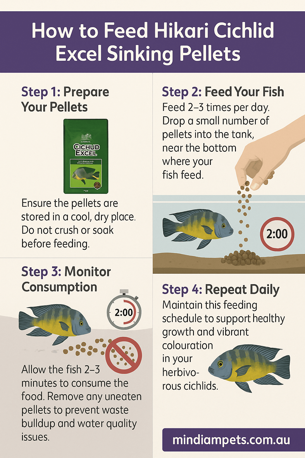 How to Feed Hikari Cichlid Excel Sinking Pellets – Step-by-Step Guide - Mindiampets | Pet Shop Online Step-by-step infographic showing how to feed Hikari Cichlid Excel Sinking Pellets to bottom-feeding cichlids in aquariums.