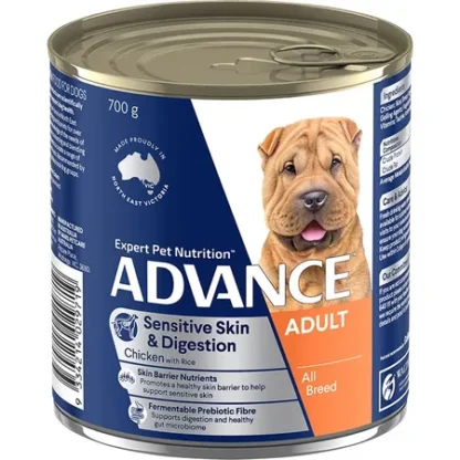 Advance Wet Dog Food Sensitive Skin and Digestion 700g supports skin health and gentle digestion for adult dogs with high-quality chicken, lamb, and rice.
