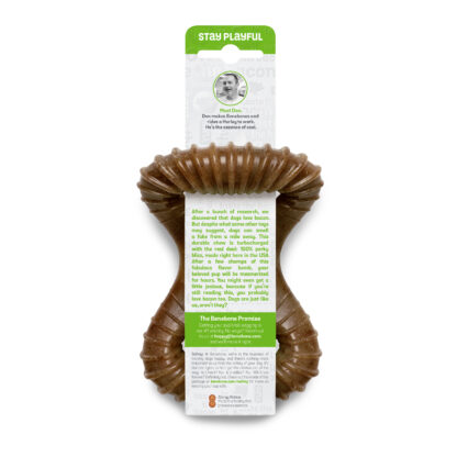Benebone Bacon Dental Chew – tough, bacon-flavored dog chew with patented ridges for dental health. Curved shape for easy paw grip.