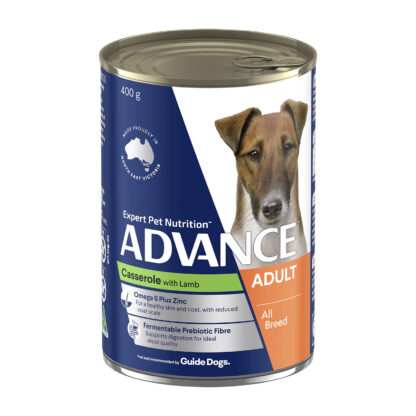 Advance Wet Dog Food Adult Casserole 700g supports healthy coat, teeth, and digestion. Complete balanced wet food for adult dogs.