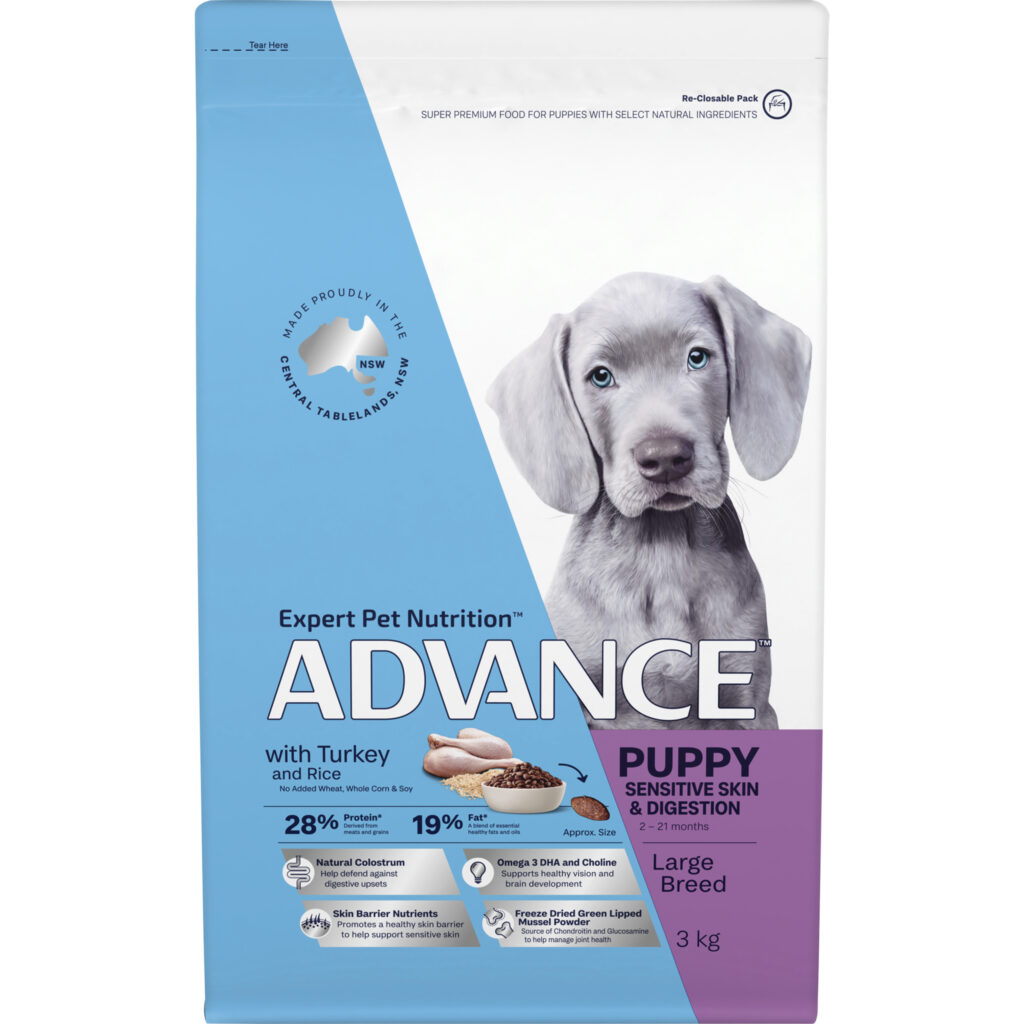 Support large breed puppies with sensitive skin and digestion. Premium turkey formula promotes healthy growth. Available at Mindiampets.com.au.