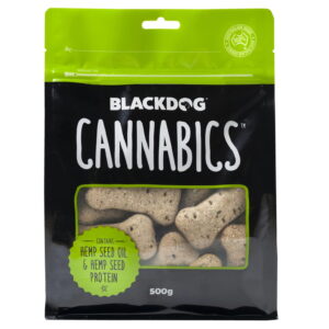 Support your dog’s wellbeing with Black Dog Cannabics Biscuits. Oven baked, hemp-infused, and packed with Omega 3, 6, and 9. No THC. 500g bag.