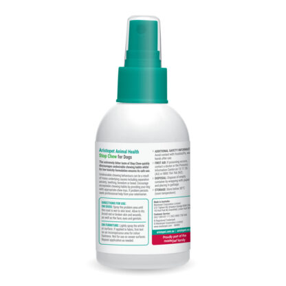 Aristopet Stop Chew Spray deters dogs from chewing or licking themselves and household items with a safe, bitter-tasting formula.