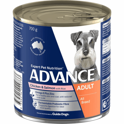 Advance Wet Dog Food Chicken & Salmon with Rice 700g offers complete, balanced nutrition for adult dogs. Supports healthy digestion, skin, and coat.