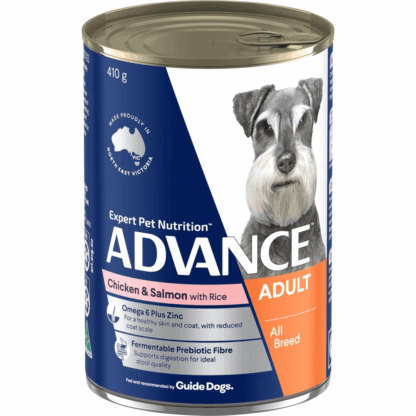 Advance Wet Dog Food Chicken & Salmon with Rice 700g offers complete, balanced nutrition for adult dogs. Supports healthy digestion, skin, and coat.