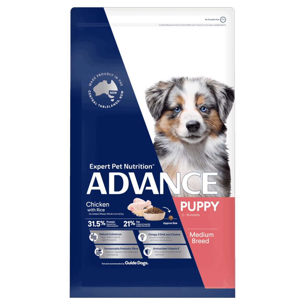 Advance Puppy Medium Breed Chicken supports balanced growth, strong immunity, and healthy digestion with premium Australian-made ingredients.