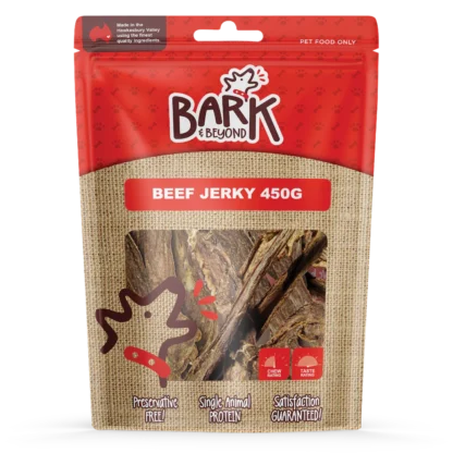 Bark & Beyond Beef Jerky Dog Treats offer a natural, Australian-made snack packed with delicious beef flavour your dog will love.