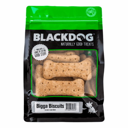 Black Dog Bigga Biscuits are Australian-made, oven baked dog treats perfect for greyhounds & large breeds. Low in fat with omega-rich flaxseed & vitamins.
