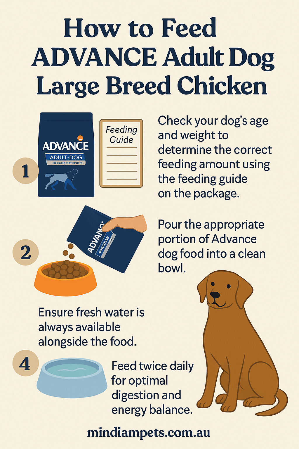 How to Feed Advance Adult Dog Large Breed Chicken – Feeding Guide Infographic - Mindiampets | Pet Shop Online How to feed Advance Adult Dog Large Breed Chicken step-by-step infographic for optimal joint, gut, and dental health.