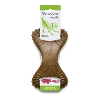Benebone Bacon Dental Chew – tough, bacon-flavored dog chew with patented ridges for dental health. Curved shape for easy paw grip.