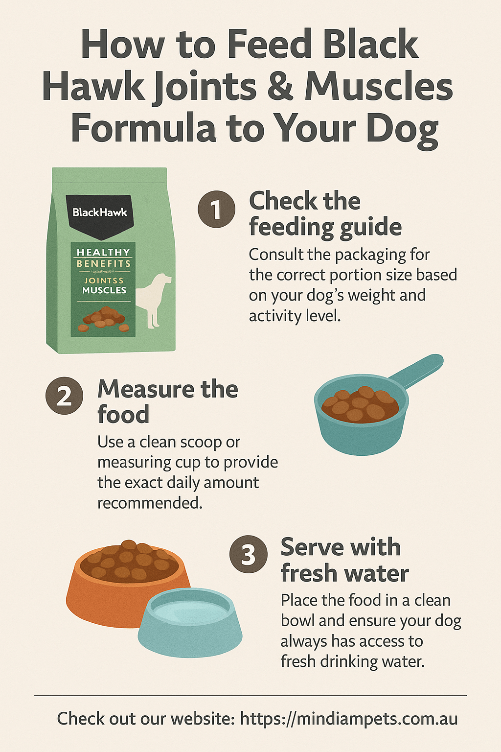 Step-by-step guide: Feeding your adult dog Black Hawk Joints & Muscles Formula with fresh water. Visit https://mindiampets.com.au How to feed Black Hawk Joints & Muscles dog food – step-by-step feeding guide for adult dogs