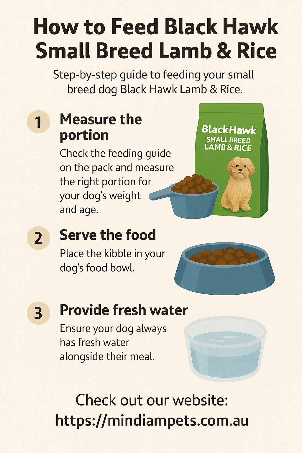 How to Feed Black Hawk Small Breed Lamb & Rice | Mindiampets - Mindiampets | Pet Shop Online Step-by-step guide on how to feed Black Hawk Small Breed Lamb & Rice to your dog – includes measuring portions, serving food, and providing fresh water. Check out our website: https://mindiampets.com.au