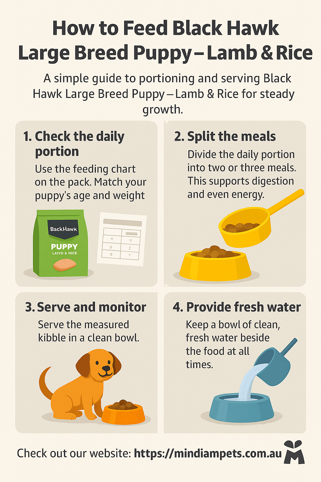 How to Feed Black Hawk Puppy Medium Breed Lamb & Rice – Step-by-Step Guide - Mindiampets | Pet Shop Online Step-by-step guide to feeding Black Hawk Puppy Medium Breed Lamb & Rice with clear instructions and illustrations.