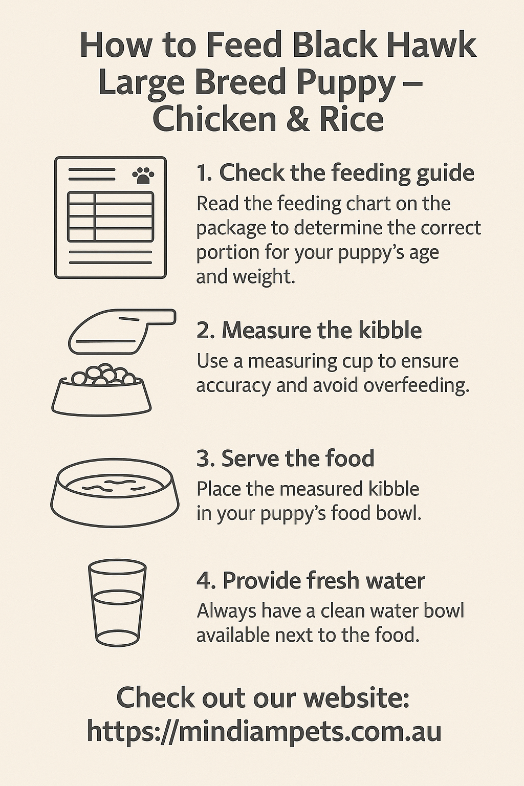 Step-by-step infographic on feeding Black Hawk Large Breed Puppy – Chicken & Rice, with four illustrated instructions and website link mindiampets.com.au.