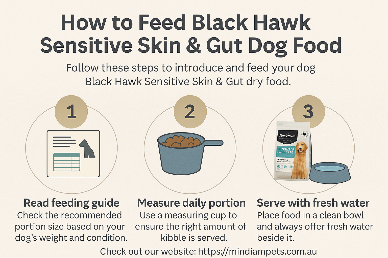How to Feed Black Hawk Sensitive Skin & Gut Dog Food - Mindiampets | Pet Shop Online Step-by-step infographic on how to feed Black Hawk Sensitive Skin & Gut dog food