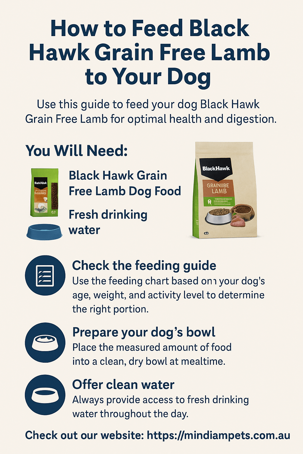 How to Feed Black Hawk Grain Free Lamb to Your Dog - Mindiampets | Pet Shop Online Step-by-step infographic showing how to feed Black Hawk Grain Free Lamb to your dog