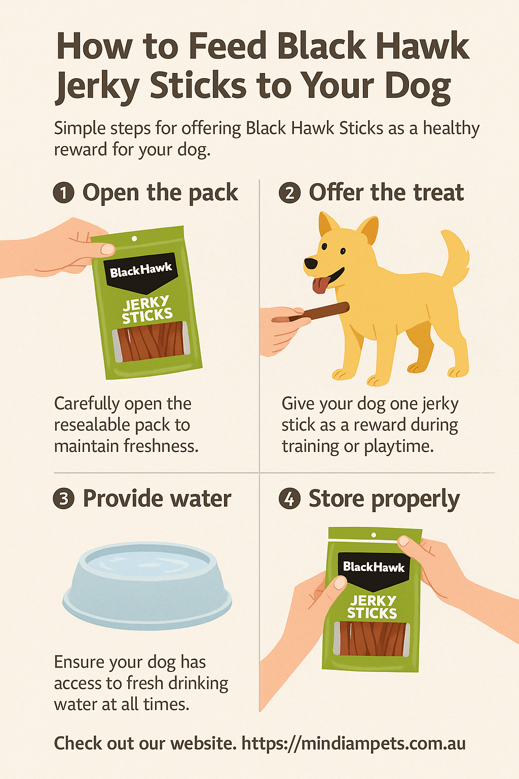 How to Feed Black Hawk Jerky Sticks to Your Dog - Mindiampets | Pet Shop Online Step-by-step infographic showing how to feed Black Hawk Jerky Sticks to your dog.