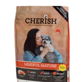 Cherish Mindful Mature Small Bites supports brain, joint, and gut health in senior dogs with COCO MCT™, DHA, glucosamine, and antioxidants. Australian made.