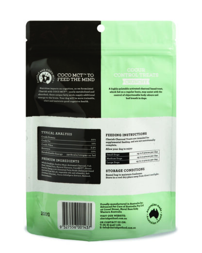Cherish Odour Control Treats with activated charcoal help reduce bad breath and body odours. A tasty, Australian-made solution for fresher, healthier dogs.