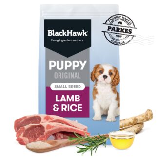 Support your small-breed puppy with Black Hawk Lamb & Rice. Made with grass-fed lamb, prebiotic fibre, and omega-3 for strong growth, healthy digestion, and brain development.