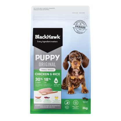 Support your small-breed puppy with Black Hawk Chicken & Rice. High-quality Australian chicken, fibre-rich sweet potato, and omega-3 for growth, brain, and digestion.