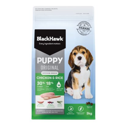 Support your medium-breed puppy with Black Hawk Chicken & Rice. Australian chicken protein, sweet potato fibre, antioxidants & prebiotics for healthy growth & digestion.