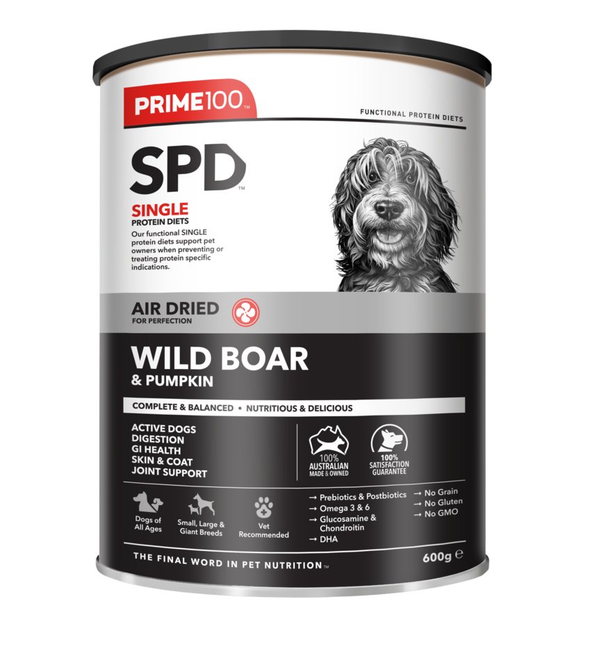Shop Prime100 SPD Air Dried Wild Boar & Pumpkin – hypoallergenic, single protein, rich in fibre & DHA. Supports digestion, skin & coat. 100% Australian made. - Mindiampets | Pet Shop Online Shop Prime100 SPD Air Dried Wild Boar & Pumpkin – hypoallergenic, single protein, rich in fibre & DHA. Supports digestion, skin & coat. 100% Australian made.