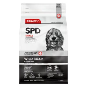 Shop Prime100 SPD Air Dried Wild Boar & Pumpkin – hypoallergenic, single protein, rich in fibre & DHA. Supports digestion, skin & coat. 100% Australian made.