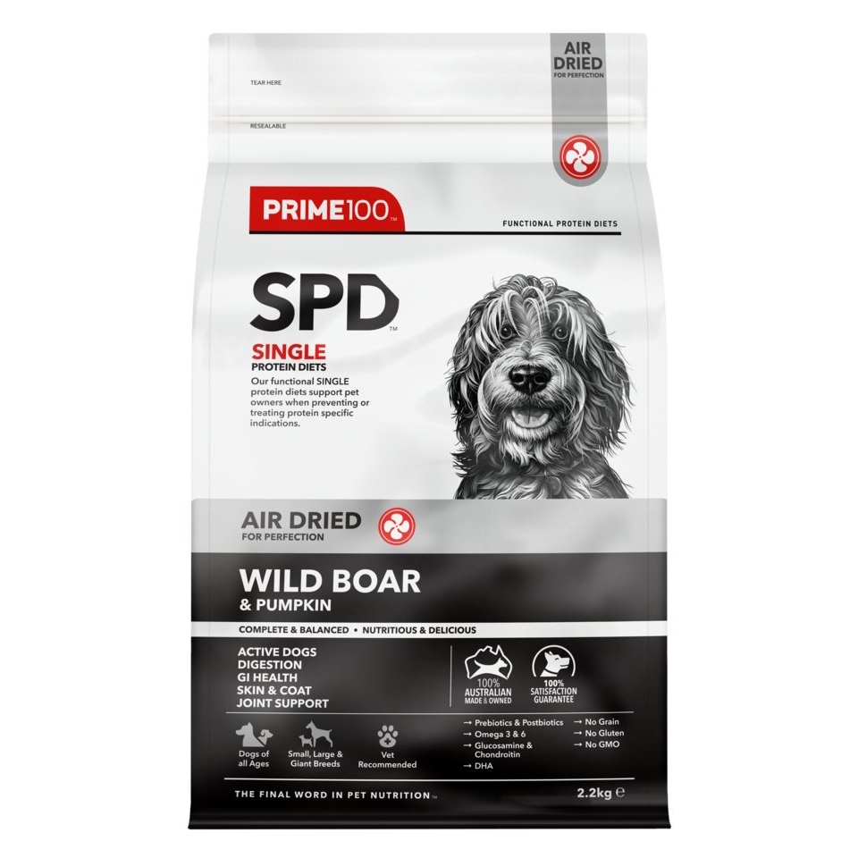Shop Prime100 SPD Air Dried Wild Boar & Pumpkin – hypoallergenic, single protein, rich in fibre & DHA. Supports digestion, skin & coat. 100% Australian made. - Mindiampets | Pet Shop Online Shop Prime100 SPD Air Dried Wild Boar & Pumpkin – hypoallergenic, single protein, rich in fibre & DHA. Supports digestion, skin & coat. 100% Australian made.