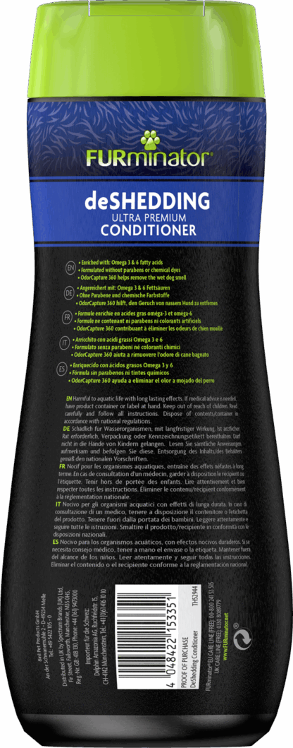 FURminator – Deshedding Ultra Premium Conditioner Transform your grooming routine with the FURminator® Ultimate Hair Reduction System™. The FURminator Deshedding Ultra Premium Conditioner delivers professional-grade coat care at home, helping you control shedding, improve skin health, and keep your dog smelling fresh and clean. Proudly trusted by pet parents across Australia, this conditioner forms a vital part of the four-step FURminator system: Brush, deShed, Bathe, and Maintain. Why choose FURminator? The FURminator Deshedding Conditioner is specially formulated to complement the FURminator Deshedding Shampoo and Tools. Together, they create a complete regimen for cleansing, conditioning, and shedding control. Infused with Omega-3 and Omega-6 fatty acids, it nourishes both coat and skin, reducing dryness and improving coat texture over time. Plus, the innovative OdorCapture 360™ Technology neutralises unwanted odours – including that notorious “wet dog” smell – leaving your pet’s coat fresh and clean. Key benefits Reduces shedding: Helps remove loose hair and minimize shedding between grooming sessions. Promotes coat health: Enriched with Omega-3 and 6 for hydration and shine. OdorCapture 360™: Eliminates unpleasant odours for long-lasting freshness. Gentle and safe: Free from parabens and chemical dyes, suitable for regular use. Complements the FURminator System: Designed for best results when paired with FURminator tools and shampoo. How it works The conditioner’s multi-action formula targets shedding at its source. Conditioning agents strengthen hair follicles and reduce breakage, while essential fatty acids nourish skin for improved resilience. By maintaining a moisturised, balanced coat, your dog naturally sheds less and feels more comfortable. How to use Wet the coat: Use warm water to wet your pet thoroughly before applying the conditioner. Apply evenly: Massage the FURminator Deshedding Conditioner into the coat, ensuring full coverage. Leave for a few minutes: Allow the formula to penetrate deeply for maximum conditioning effect. Rinse well: Rinse until water runs clear and the coat feels soft and residue-free. Repeat as needed: Use regularly for continuous shedding control and coat health. For best results Combine this conditioner with the FURminator Deshedding Ultra Premium Shampoo and FURminator Deshedding Tool. This three-step system ensures your pet’s coat stays healthy, manageable, and free from excess shedding. Expert insight “Shedding is a natural process, but regular bathing and conditioning can make a huge difference. The FURminator system not only reduces shedding but also keeps the coat balanced and hydrated.” — Dr Jay Rollings (BSc DVM) Formulated for Australian pets Australian climates – from the dry heat of Perth to the humid coasts of Queensland – can stress a pet’s coat. This FURminator conditioner provides hydration and protection from dryness, while ensuring that thick double coats remain breathable and easy to groom. Product highlights Size: 473 mL bottle Free from: Parabens, chemical dyes, artificial colours Scent: Light, clean fragrance with OdorCapture 360™ Suitable for: Dogs of all breeds and coat types Routine grooming for total confidence Regular grooming supports a cleaner home and a happier, healthier pet. The FURminator Ultimate Hair Reduction System™ offers a complete, four-step process for professional results at home: Brush: Detangle and remove surface hair. deShed: Use the FURminator tool to remove loose undercoat hair. Bathe: Apply FURminator Shampoo and Conditioner for healthy skin and coat. Maintain: Continue regular brushing to minimise future shedding. With consistent use, you’ll notice less hair around your home and a softer, shinier coat your dog will love.