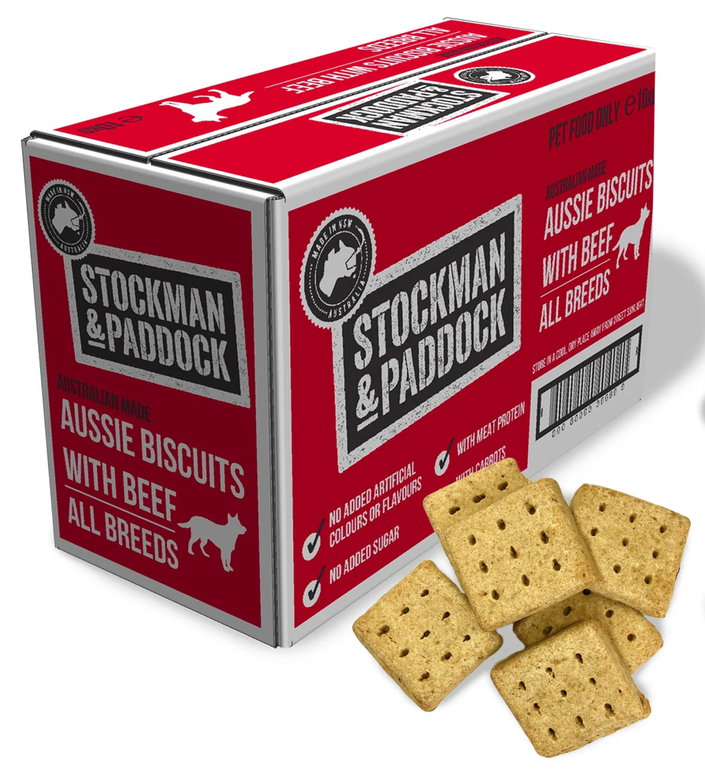 Stockman & Paddock – Aussie Biscuits with Beef 10kg | Australian-Made Oven-Baked Dog Biscuits | Mindiampets Australia - Mindiampets | Pet Shop Online Stockman & Paddock – Aussie Biscuits with Beef 10kg | Australian-Made Oven-Baked Dog Biscuits | Mindiampets Australia
