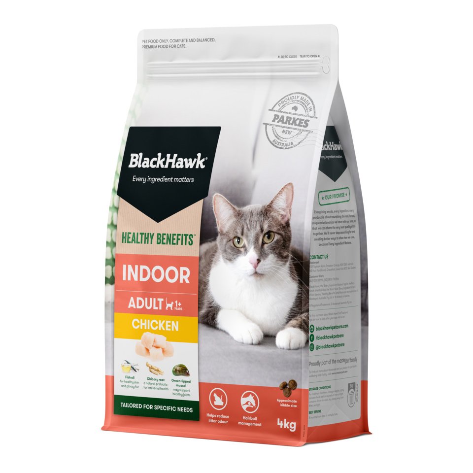 Black Hawk indoor adult cat chicken dry food Australian made - Mindiampets | Pet Shop Online Black Hawk indoor adult cat chicken dry food Australian made