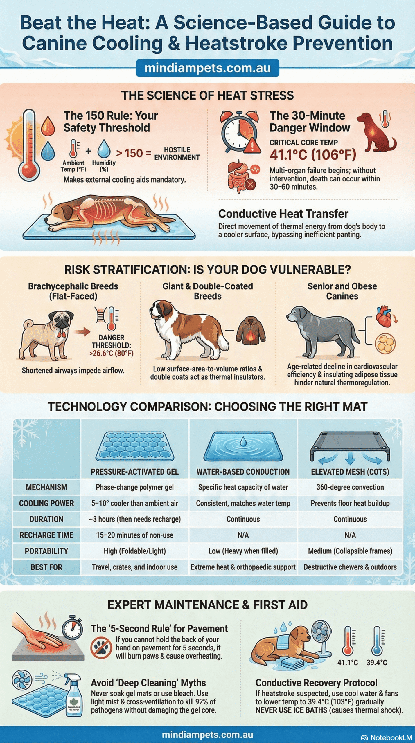 Infographic by mindiampets.com.au: Canine heatstroke risk categories and cooling mat technology comparison